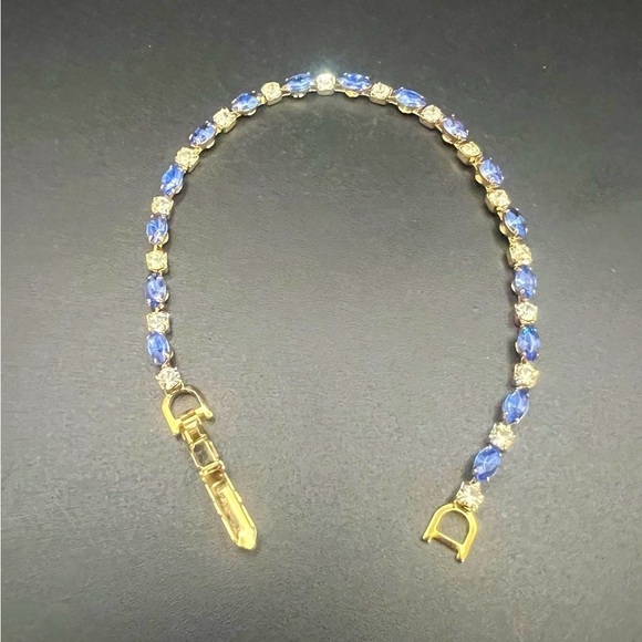 Vintage Gold Plated Tennis Bracelet – Blue & Clear Rhinestones, 7.5” - Picture 6 of 14